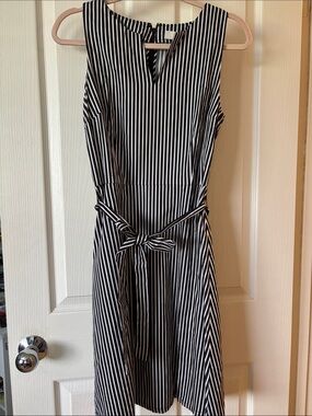 LOFT Black and White Vertical Stripe Midi Dress with Tie Waist